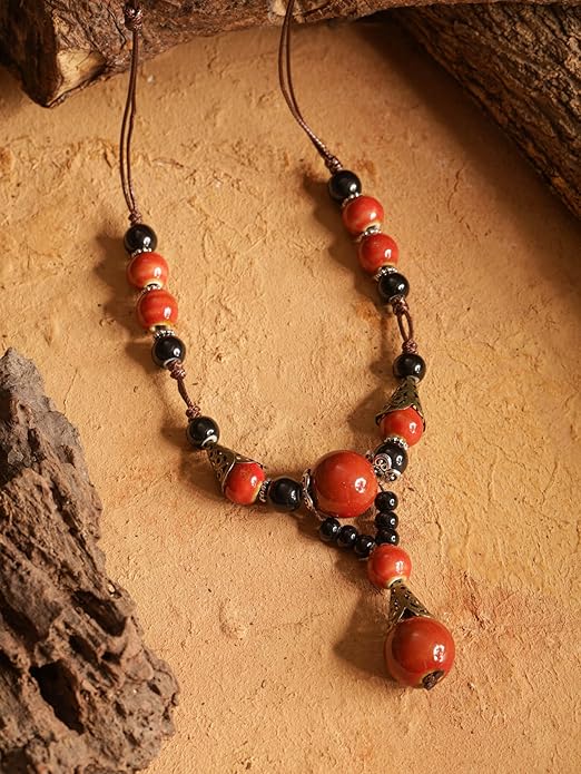 MINACHI Vintage Bohemian Ethnic Colorful Ceramic Bead Long Y Necklace, Hippie Boho Summer Fashion Jewelry Gift for Women