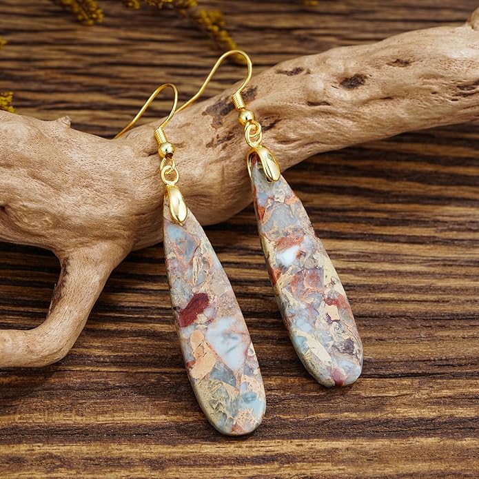 Boho Women Natural Stone Earrings Unique Healing Imperial Jasper Gemstone Energy Hypoallergenic Lightweight Dangle Drop Earrings Multiple Styles Earrings Jewelry for Birthday Party Gift