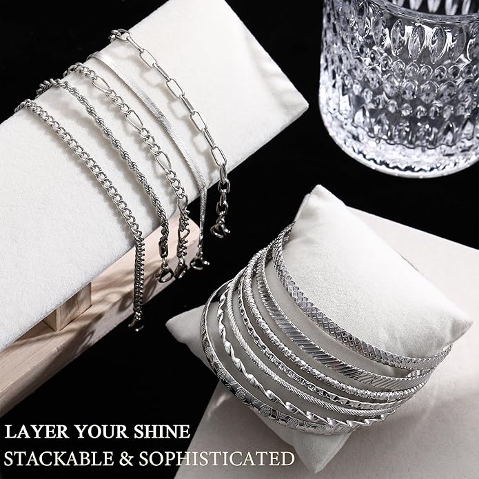 Valentines Gifts -56 Pcs Gold Jewelry Set for Women with 5Pcs Layered Necklace, 5Pcs Layered Necklace, 12 Bracelets, 4 Hoop Earrings, 8 Stackable Rings, 10 hairpins, 12 Studs Earrings Jewerly set for Women