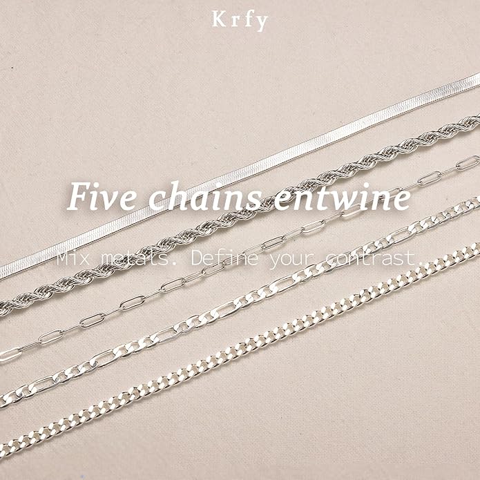 Krfy 5/6Pcs Gold Plated Bracelets for Women Trendy, S925 Plated Silver Bracelet Stack, Non Tarnish Waterproof Bracelets for Women, Paperclip Herringbone Figaro Cuban Twist Chains, Size 6.5''+2''