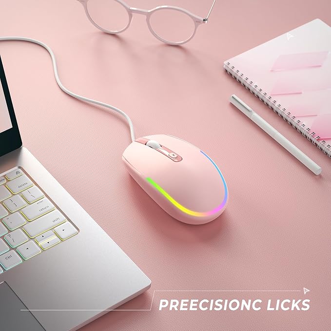 seenda Wired Mouse - USB Computer Mice Wired with RGB Backlit Optical LED Mouse with Attached USB Cord for Laptops Notebooks Chromebook - Pink