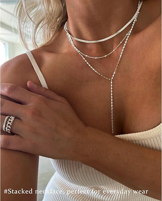 3PCS Gold Necklaces for Women,Chunky Statement Gold Plated Necklace Stack Layered Sterling Silver Herringbone Chains for Women Dainty Trendy Silver Chains Stacked Jewelry Gifts