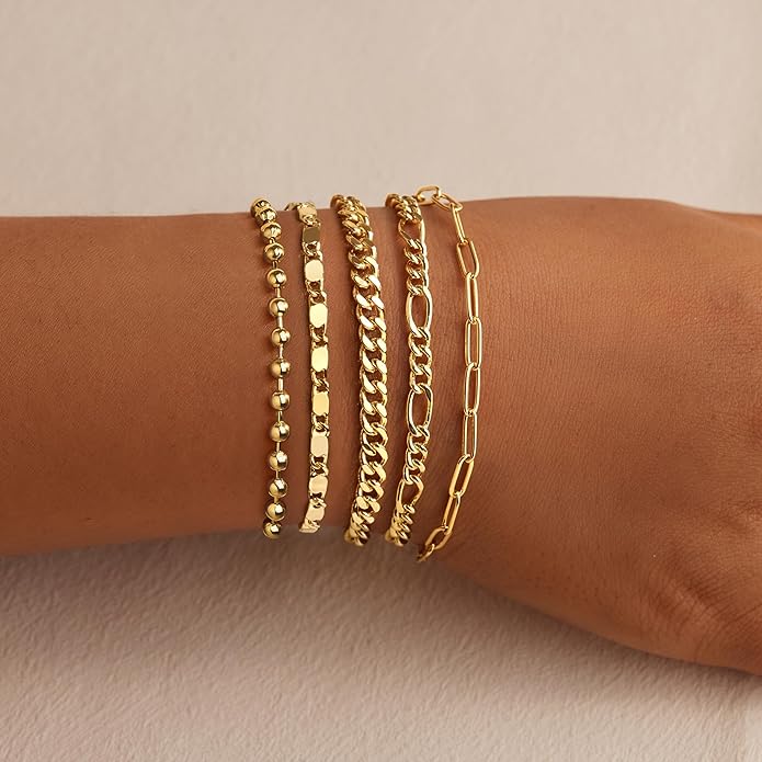 Gold Bracelets Set for Women Non Tarnish Trendy,14K Gold Plated Dainty Stackable Paperclip Cuban Link Chain Bracelets, Simple Cute Cuff Bracelets Jewelry Set Adjustable 7"+2"