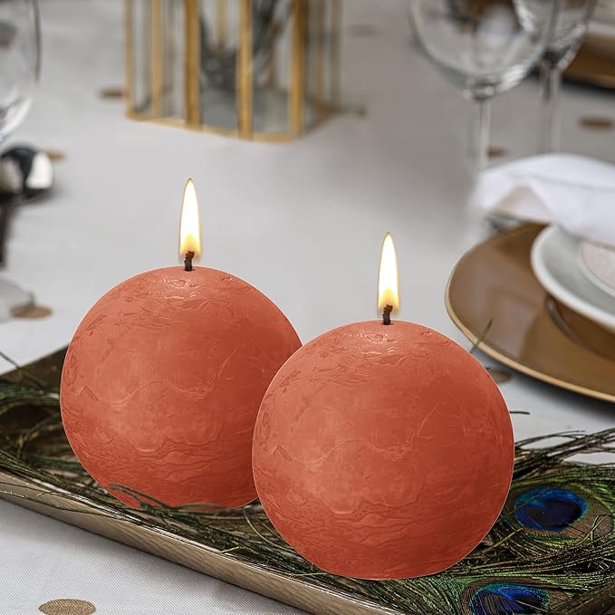 BOLSIUS 3 Pack Orange Rustic Ball Pillar Candles - 3 Inch - Premium European Quality - Includes Natural Plant-Based Wax - Unscented Dripless Smokeless 25 Hour Party Décor and Wedding Candles