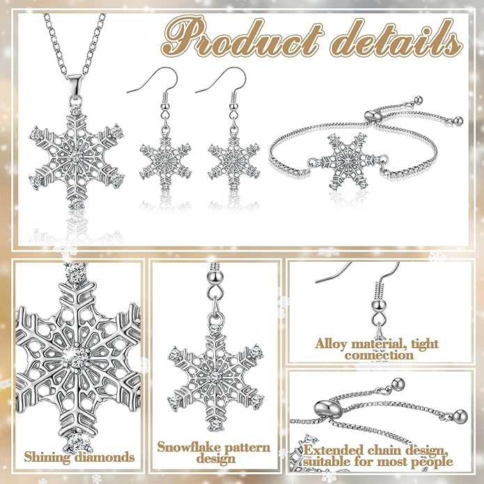 Bucherry 3 Pcs Heart Jewelry Set Bow Snowflake Jewelry Heart Pendant Chain Toggle Necklace with Bracelet Earrings Snowflake Stainless Steel Link Chain for Women Gift