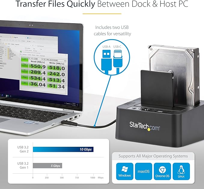 StarTech.com Standalone Hard Drive Duplicator, External Dual Bay HDD/SSD Cloner/Copier, USB to SATA III Docking Station