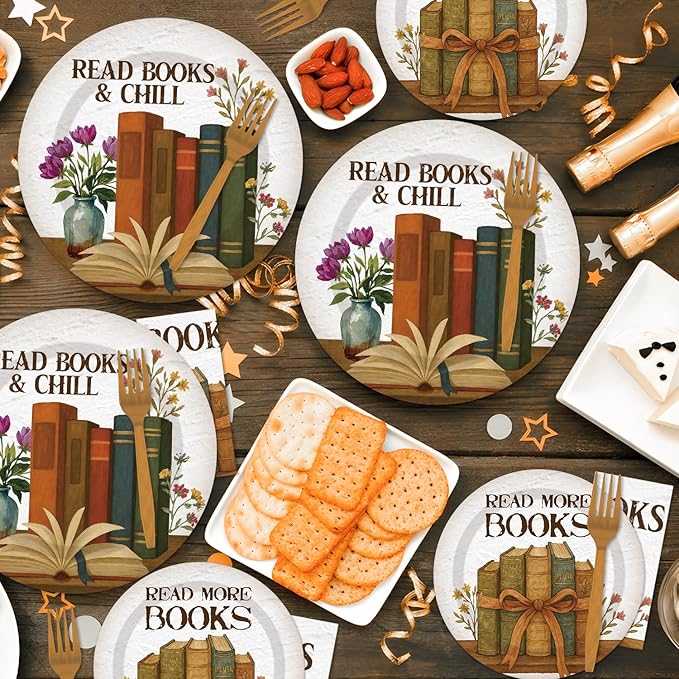 96 Pcs Vintage Book Theme Decoration Disposable Tableware Set - Book Club Birthday Party Paper Plates Napkins Forks Library Reading Birthday Baby Shower Party Supplies for Serve 24 Guests