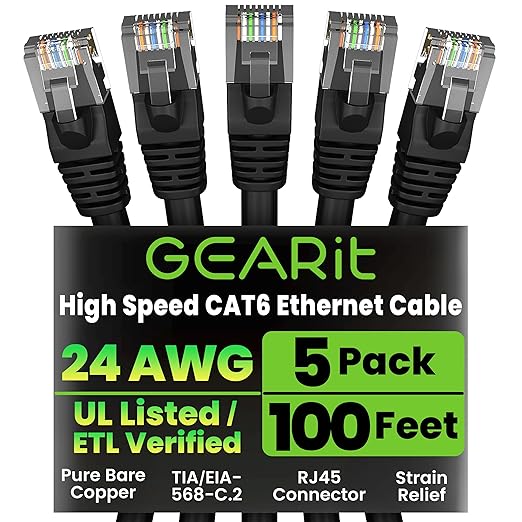 GEARit Cat 6 Ethernet Cable Pack - 5-Pack 100 ft Cat6 Ethernet Patch Cables | RJ45 Network Patch Cable, 10 Gbps Snagless Gold-Plated Connectors - Ethernet Cable Cat 6 for PC, TV, Router - Black