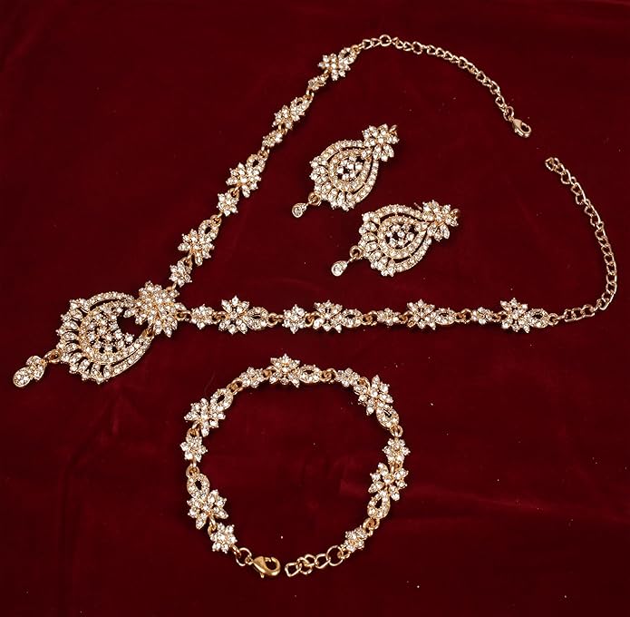 Touchstone Indian jewelry sets for women maang tikka wedding guest gold necklace bollywood jewellery set pageant elegant prom bride accessories western crystal chunky rhinestone necklaces