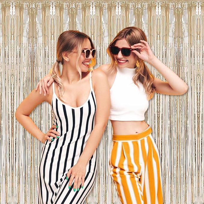 3 Pack Champagne Gold Foil Fringe Curtains Backdrop, 3.28 x 8.2 Ft Metallic Streamers Tinsel Curtains Background for Photo Booth, Birthday, Halloween, Christmas, New Year Party Decorations