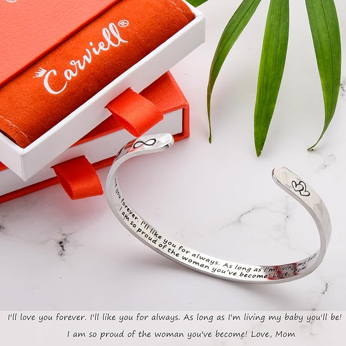 Carviell Engraved Cuff Bracelets for Women – Inspirational, Friendship, Love, Mom, Daughter, Sister, Christian, Graduation, Memorial & Wedding Gifts – 80+ Phrases – Stainless Steel, Gift-Ready