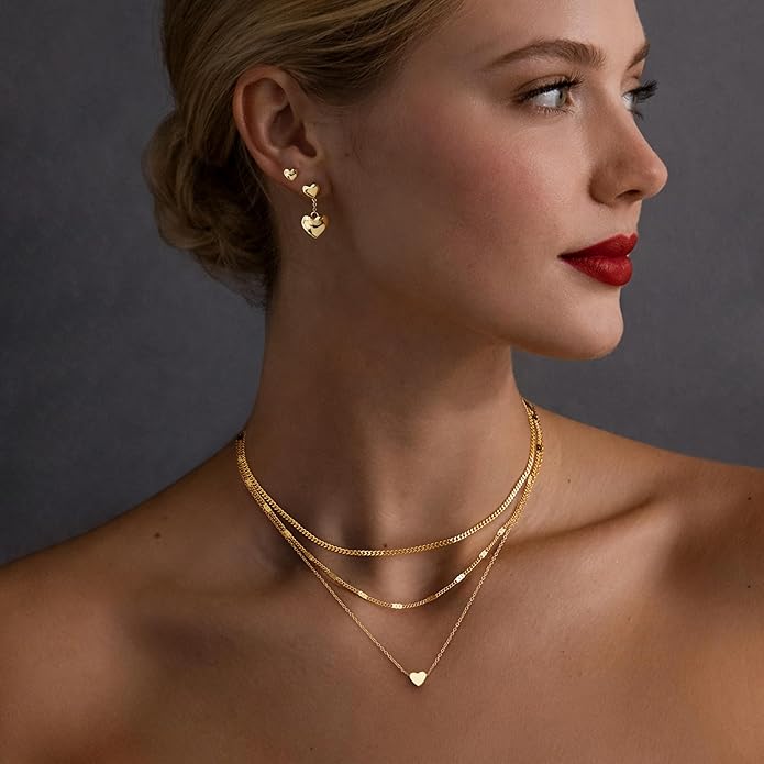 Layered Gold Necklaces for Women, Stackable Dainty 14K Gold Silver Plated Trendy Simple Heart Diamond Cross Bow Circle Pendant Paperclip Choker Dot Chain Necklace,Jewelry Set Gifts for Women