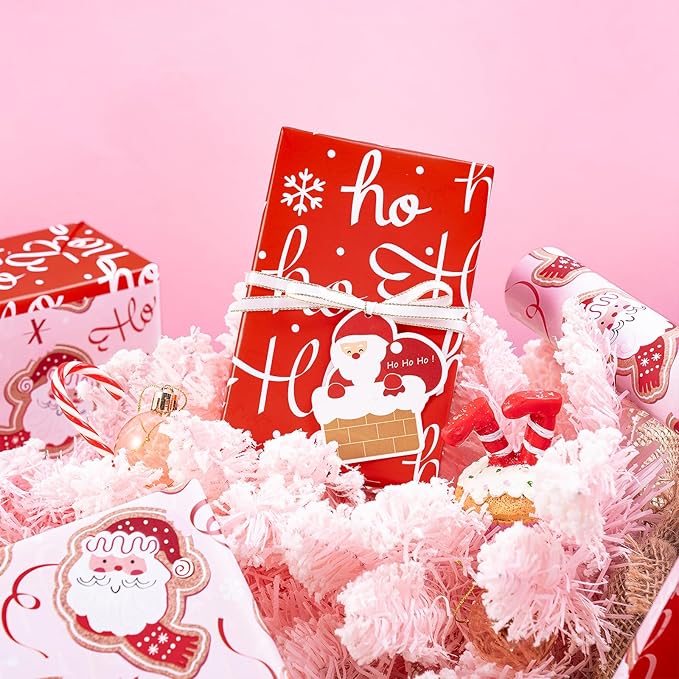 RUSPEPA 30" X 32.8' Reversible Christmas Wrapping Large Paper Roll, Jumbo Roll, Adorable Santa Claus, Ribbon Design, Elegant Red Ho Ho Ho Gift Wrap Paper for Girls, Kids, Family, Xmas Holiday Gifts