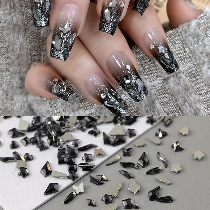 250Pcs Mini Black Flash Nail Art Charms Mixed Shapes Nail Rhinestones Star Heart Irregular Shape Nail Supplies Gems Dark Crystals Nail Jewelry Flat Nail Decorations Design Acrylic Nails for Women