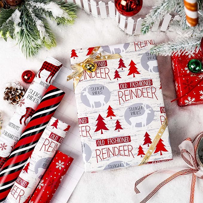 MAYPLUSS Christmas Wrapping Paper Jumbo Rolls with Gridlines - 30IN X 120IN - 4 Roll - Christmas Tree Snowflakes Reindeer Stripe for New Year Holiday Party Kids