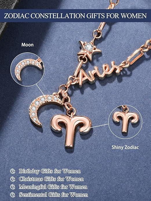 14K Gold/Rose Gold Zodiac Necklace for Women - Horoscope Constellation Pendant with Moon and Star, Luxury Birthday Gifts Jewelry for Her (12 Zodiac Signs)