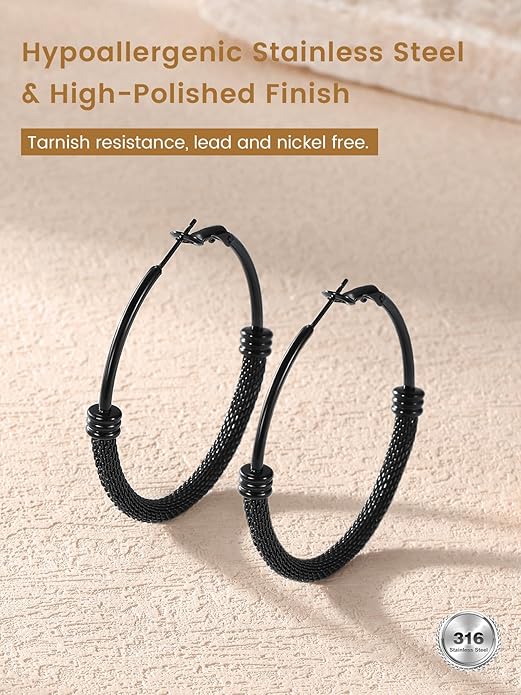KeyStyle Mesh Hoop Earrings for Women, Stainless Steel Gold Hoops Earring Lightweight Loops, 2MM Thick Hypoallergenic Circle Endless Hollow Hoop 20mm-80mm