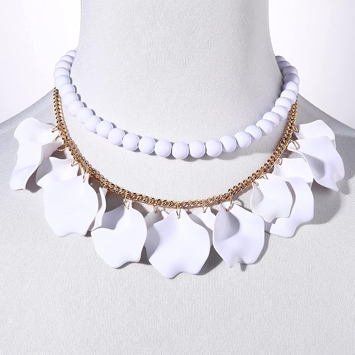 Flower Petal Necklace Earrings Set Layered Statement Beaded Jewelry Set for Women Summer Necklace Earrings