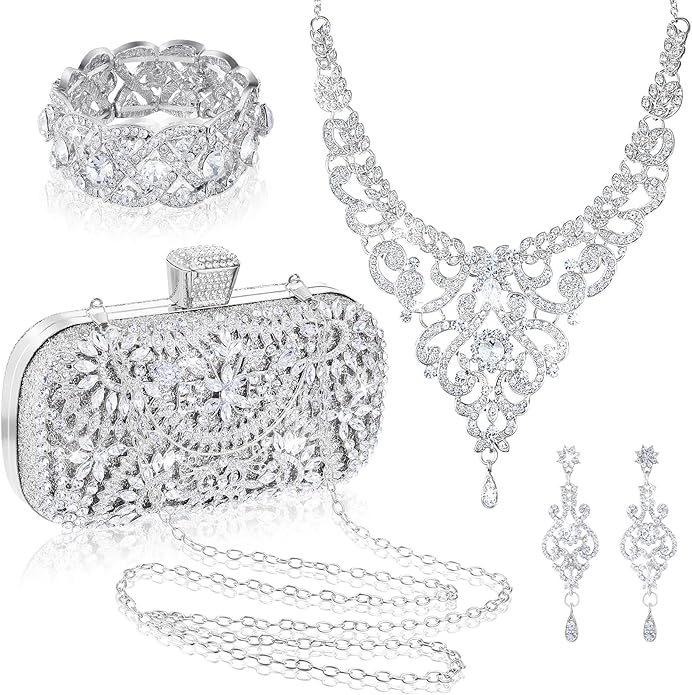 Quelay 4 Pcs Purse Rhinestone Jewelry Set Evening Clutch Bag Bling Crystal Necklace Dangle Earrings Bracelets Accessories