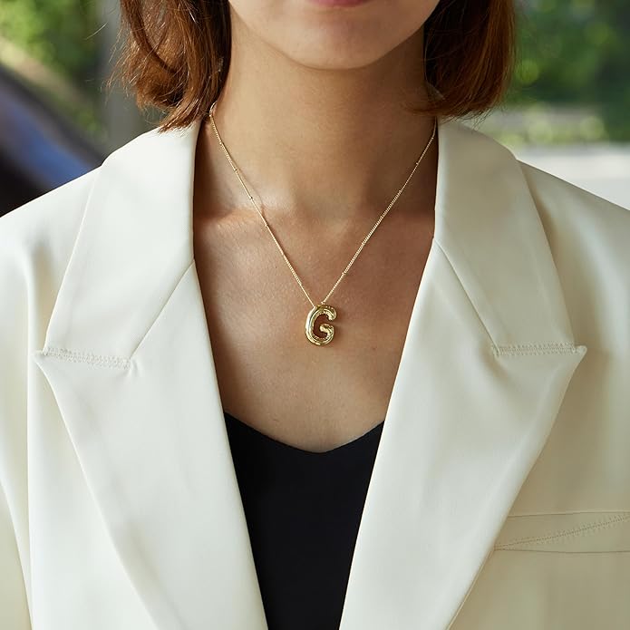 Inerney Valentines Day Gifts Gold Bubble Letter Necklace Initial Necklaces for Women, Chunky 14K Plated Balloon Initials, Trendy Charm Non Tarnish Custom Name Pendant Jewelry Gifts for Mom