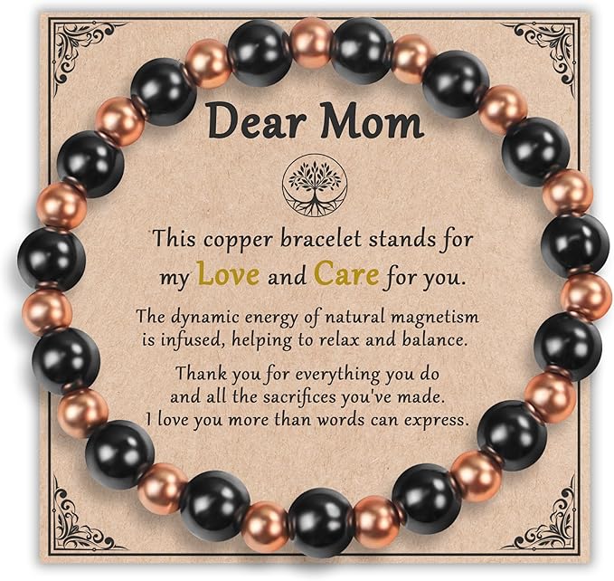Mom Bracelet as Valentines Day Gifts for Mom, Copper Bracelet for Elderly, Dainty Copper Jewelry with 3800 Gauss Magnets, Stretch Bead Braclet Elderly Gifts Valentine Presents