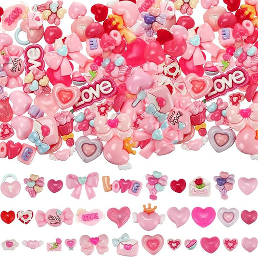 Giegxin 40 Pcs Pink Valentine's Day Resin Charm Love Heart Roses Bow Balloons Flatback Cabochon Accessories Cute Embellishment Bulk for Jewelry Cellphone Case Scrapbooking DIY