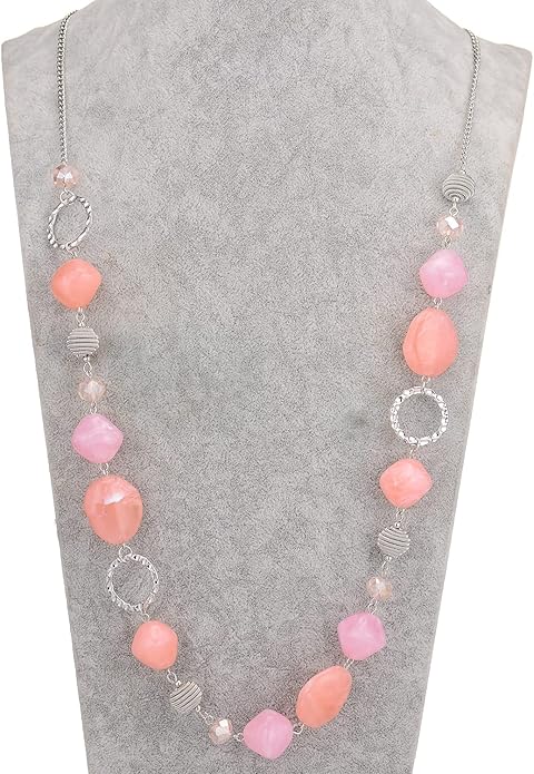 BULINLIN Beaded Long Necklace for Women Silver Sweater Chain Necklace with Crystal Resin Beads, Fashion Jewelry Necklace