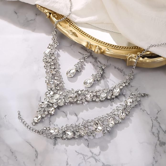 BriLove Women's Wedding Bridal Austrian Crystal Teardrop Flower Cluster Statement Necklace Dangle Earrings Jewelry Set for Party Prom