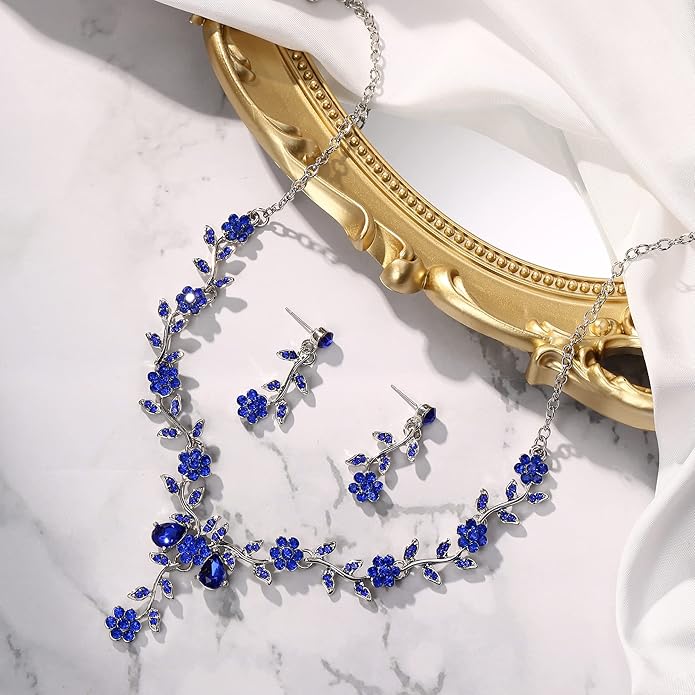 BriLove Women's Wedding Jewelry Leaf Cluster Flower Crystal Dangle Earrings Pendant Necklace Set for Bridal