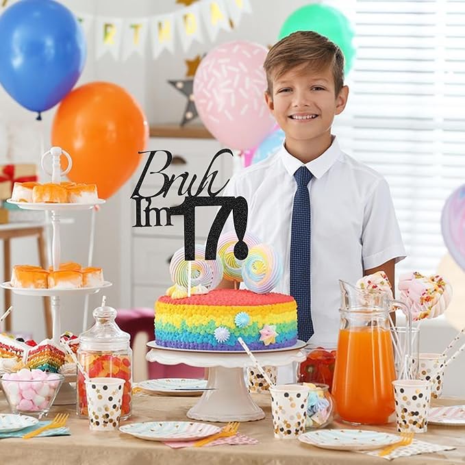 Bruh I'm 17 Cake Topper - Black Glitter Happy 17th Birthday Decorations for Boys Teens, Funny 17 Year Old Party Supplies, Bro I'm 17 Cake Decor (Bruh I'm 17！,17th)