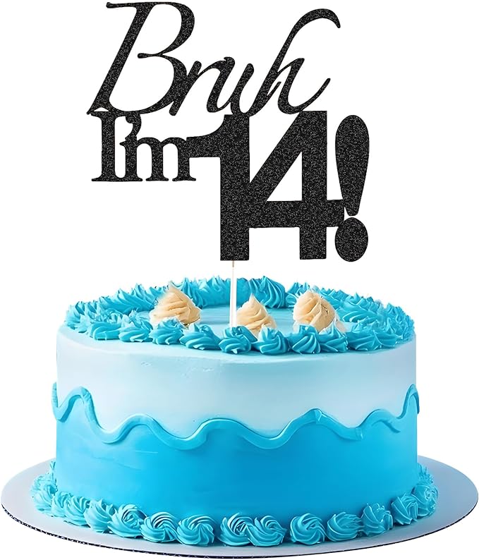 Bruh I'm 14 Cake Topper - Black Glitter Happy 14th Birthday Decorations for Boys Teens, Funny 14 Year Old Party Supplies, Bro I'm 14 Cake Decor (Bruh I'm 14！,14th)