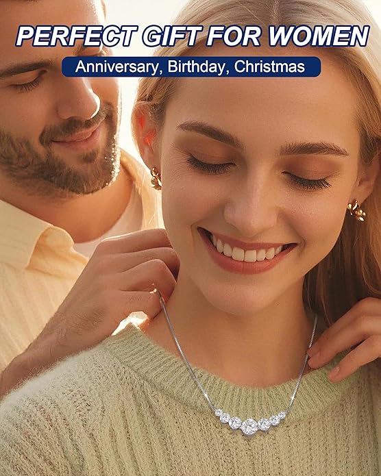TUHE 7 Stones Moissanite Necklace for Women, 1.7-5.0 Carat Smile Moissanite Pendant Necklace 18k Gold Plated Sterling Silver 16.5+2.5 inch Box Chain Tennis Necklaces with Certificate of Authenticity