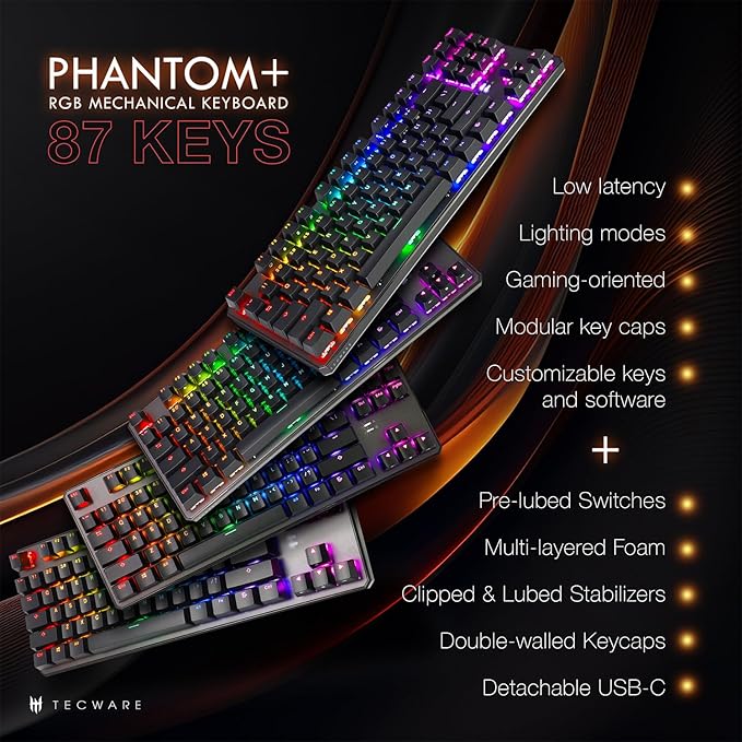 TECWARE Phantom+ 87 Key Mechanical Gaming Keyboard, RGB led, TKL 75% Keyboard, Thocky Sounding, Wraith Pink Switch