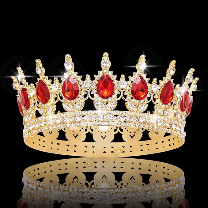 Queen Crown Rhinestone Wedding Crowns and Tiaras for Women Costume Party Hair Accessories Princess Birthday Crown Crystal Bridal Crown (Gold & Red Crown)