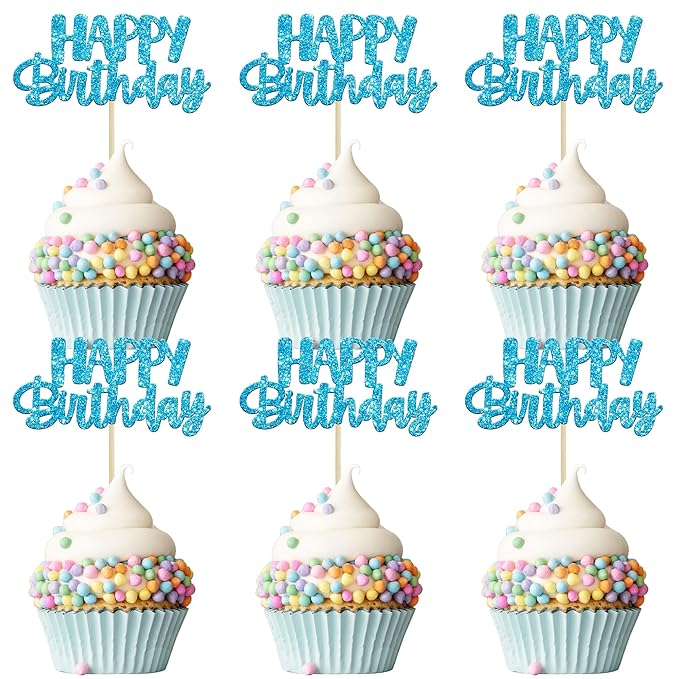 Gyufise Happy Birthday Cupcake Toppers Blue Glitter Birthday Cake Topper Picks Dessert Topper Decoration for Birthday Party Anniversary Celebration Pack of 24
