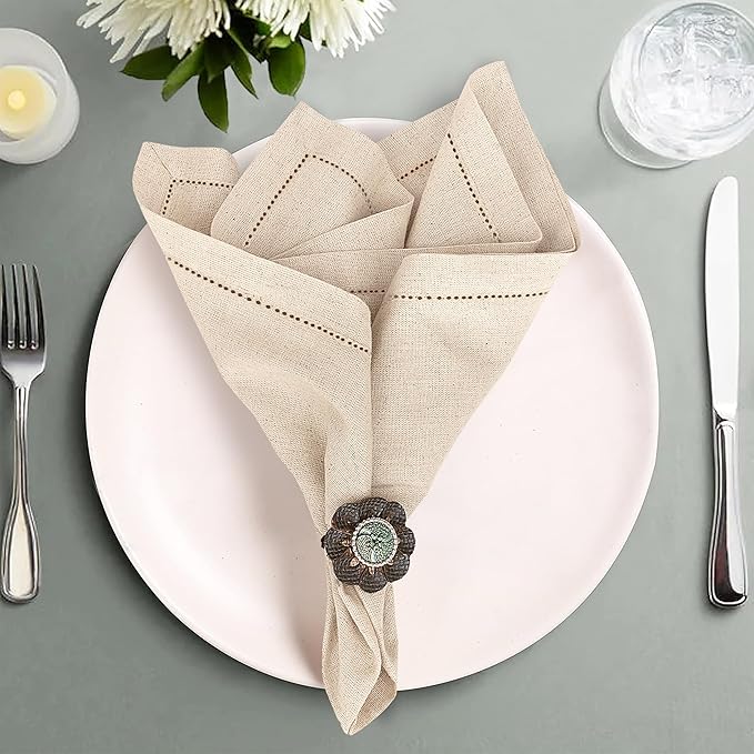 Ruvanti Premium Linen Napkins Set of 6-20x20 Inch, Classic Hemstitch, Mitered Corner Cloth Napkins ‎- Soft, Elegant Dinner Napkins Cloth Washable for Weddings, Parties, Everyday Use - Natural