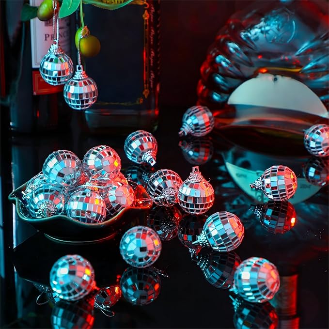 Lenwen 100 Pcs 1.2 Inch Mini Disco Balls Ornaments Hanging Disco Party Decorations Bulk 70s Reflective Silver Mirror Ball for Party Decor Supplies Tree Wedding Birthday Props Mardi Gras