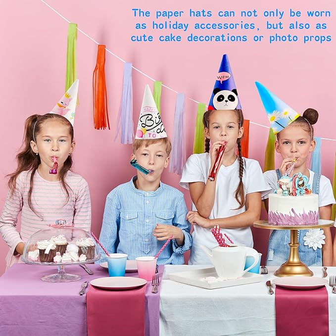 60 Pieces White Party Cone Hats Plain Birthday Paper Cone Hats with Elastic Rope for DIY Craft Birthday Thanksgiving New Year Party Supplies