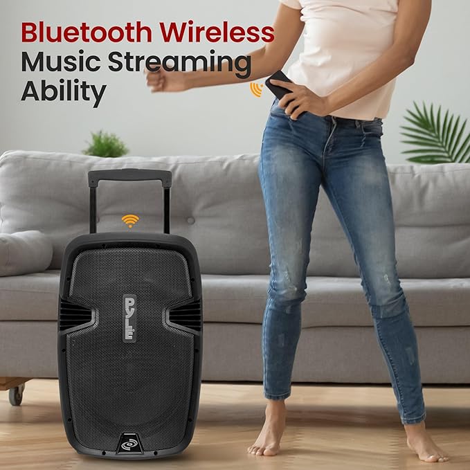 Pyle Wireless Portable PA Speaker, 1000W Bluetooth Loudspeaker, 12” Subwoofer, Dual High-Powered PA System, 2-Way Full Range Audio, Includes Wireless Mic, USB/SD Input, for Outdoor and Event Use