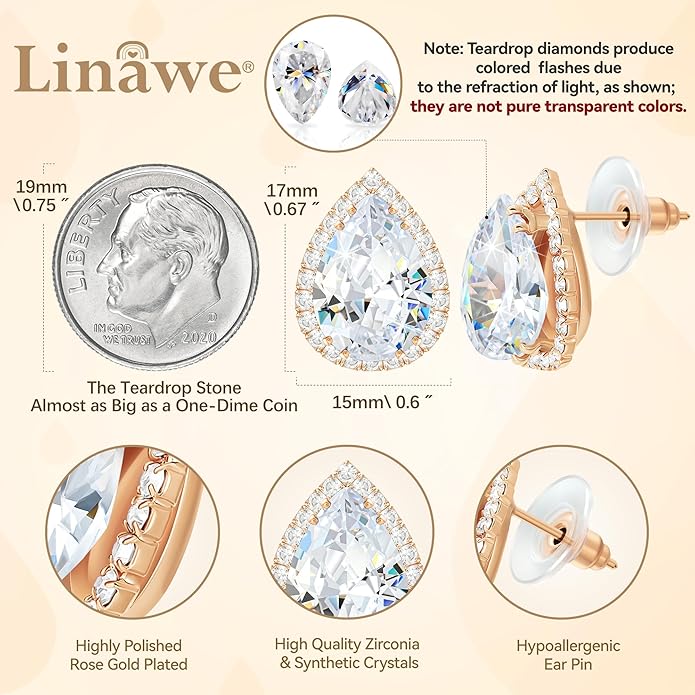 Linawe Women Stud Earrings, Teardrop Diamond Moissanite Cubic Zirconia Earrings Studs Rhinestone Jewelry Gold/Silver/Rose Gold