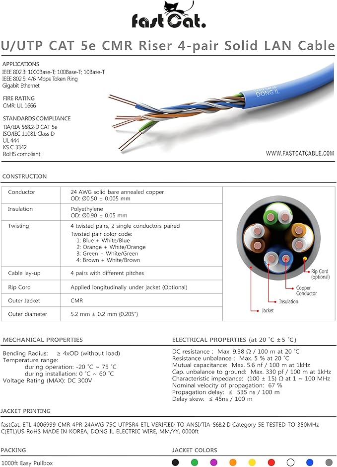 fast Cat. Cat5e Ethernet Cable 1000ft - 24 AWG, CMR, Insulated Bare Copper Wire Cat 5 ethernet Cable with FastReel - 350MHZ / Gigabit Speed UTP Cable Cat5e - CMR (Orange)