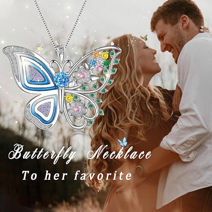 Aurora Tears 925 Sterling Silver Butterfly Flower Pendant Necklace - Colorful Enamel Zircon Adjustable Chain Jewelry Gift for Women Her