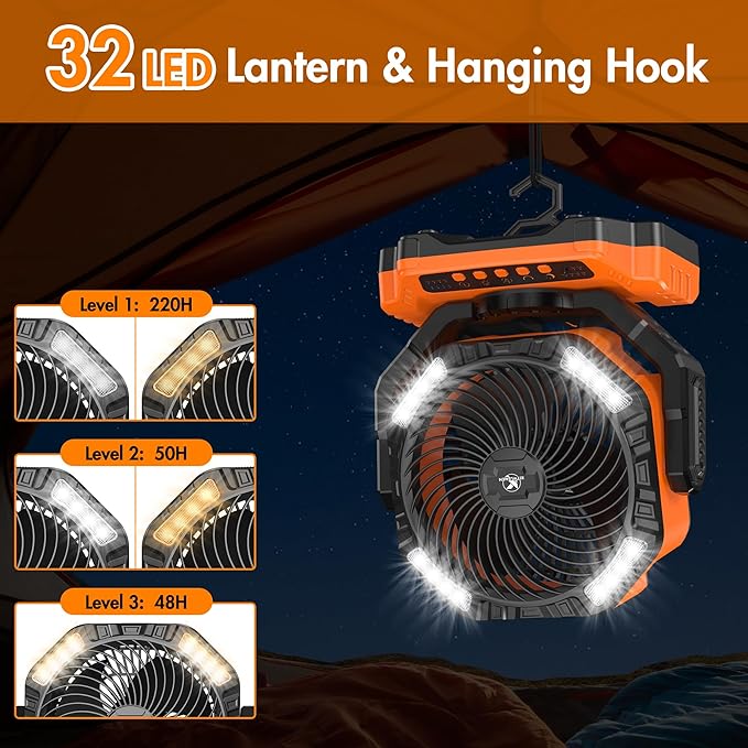 40000mAh Battery Powered Camping Fan - 136H Max Cooling, Rechargeable Battery Operated Oscillating Floor Fan with Charger, Remote & Hook, Portable for Tent Outdoor Patio Garage Hurricane Power Outage