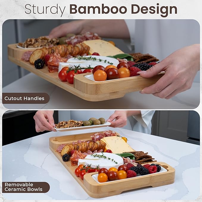 Charcuterie Board Gift Set - Bamboo Cheese Board & Serving Tray for Meat, Cheese, Crackers, Fruit - Large Wooden Charcuterie Boards for Parties - Wedding, Housewarming, Birthday Gifts for Women