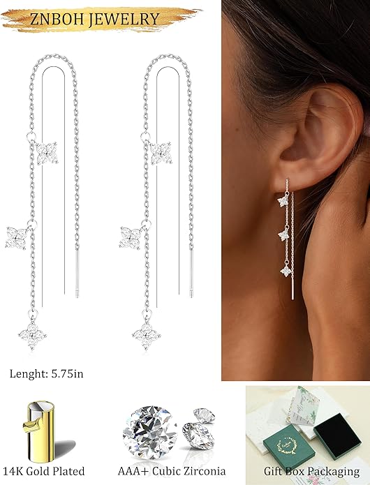 Gold Silver Dangle Earrings for Women Trendy 14K Gold Plated Drop Long Threader Chain Dangling Earring Hypoallergenic Pearl Butterfly Flower Clover CZ Wedding Earrings for Brides Jewelry Gifts