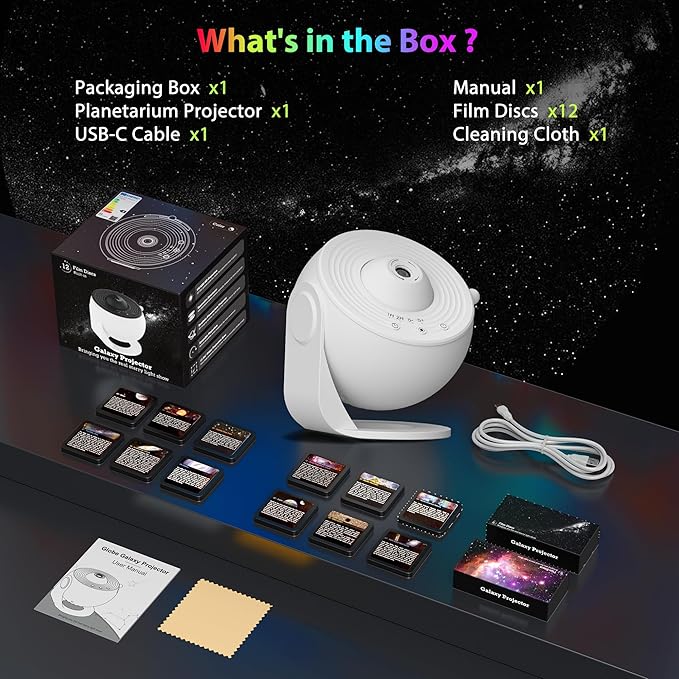 Galaxy Projector for Bedroom, HD Image Star Projector Galaxy Light Adjustable Knob, 13 Film Discs Planetarium Projector for Kids, 360° Rotating 1/2h Timer Simple 3-Button Control