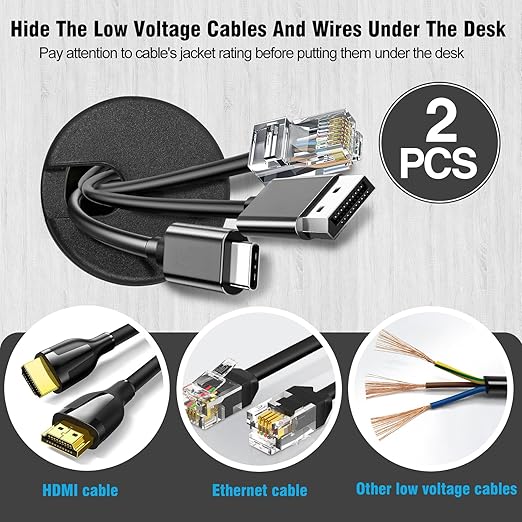 1-3/8" Black Desk Grommet, JTemgle Plastic Cable Hole Cover Computer Table Cord Wire Organizer Caps Desktop Cord Management for Home Office TV Stands Tabletops, 2 Pieces