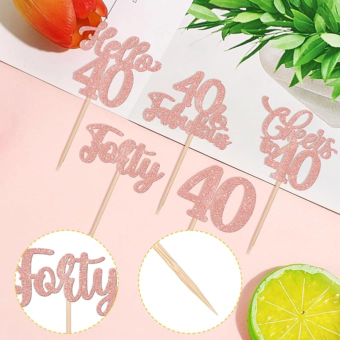 30PCS Happy 40th Birthday Cupcake Toppers Glitter Hello 40 Fabulous Forty Cheers to 40 Years Old Birthday Cupcake Picks for Happy 40th Birthday Anniversary Party Cake Decorations Supplies Rose Gold
