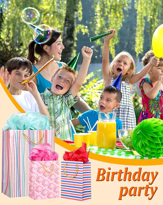 OUTUXED 12pcs Paper Gift Bags Assorted Sizes with Tissue, Birthday Gift Bags 3 Sizes (4 Medium/4 Large/4 Extra Large) - For Birthday, Baby Showers, Party & Wedding