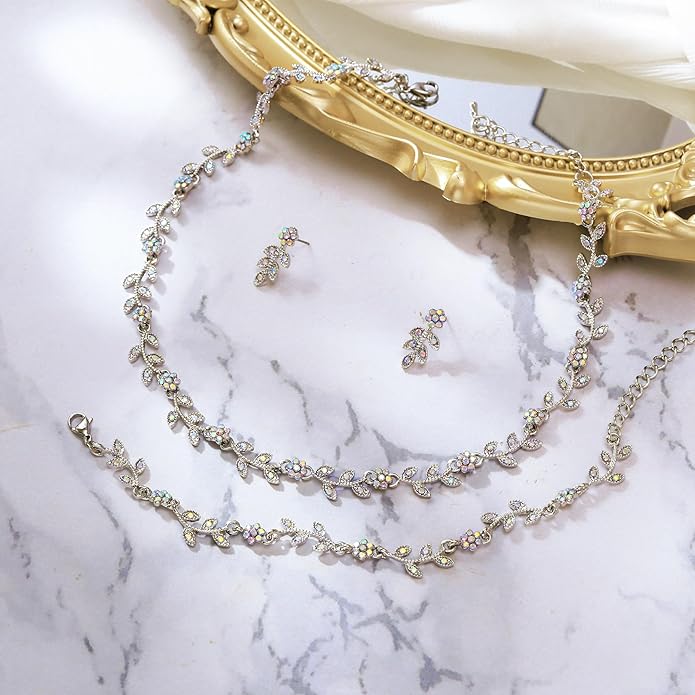 BriLove Wedding Jewelry Set for Women Bride, Gorgeous Stunning Crystal Flower Leaf Cluster Choker Necklace Link Bracelet Stud Earrings Bridal Bridesmaid